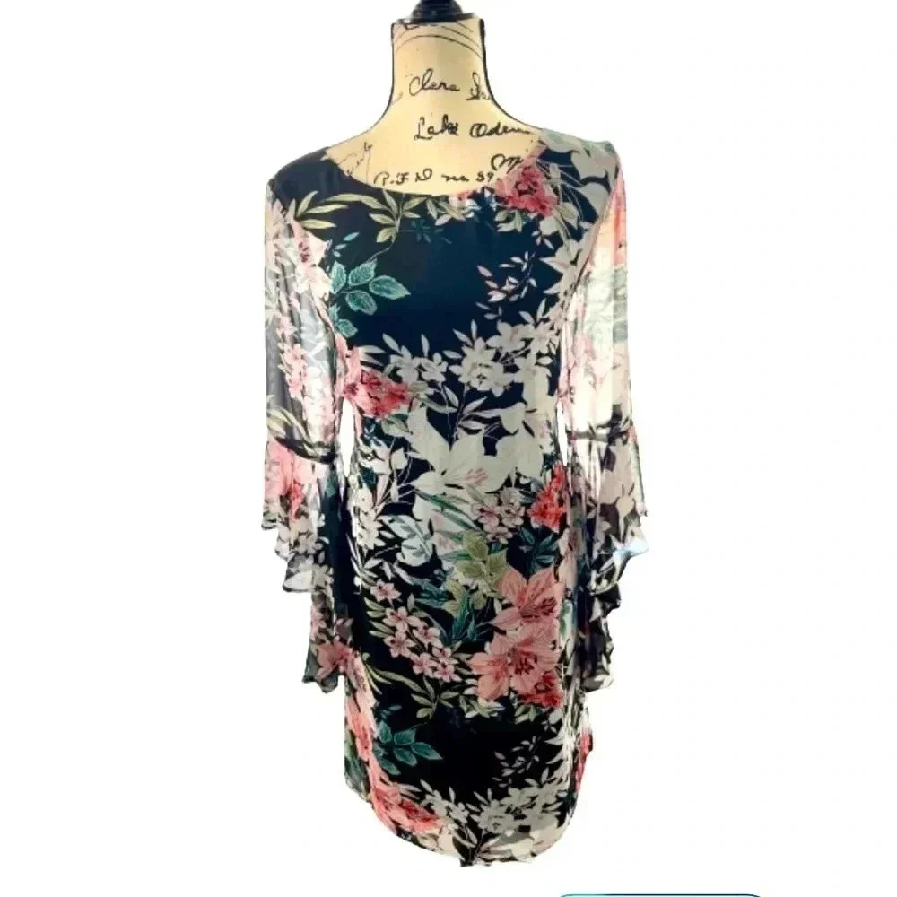 CONNECTED APPAREL DRESS MIDI BLACK PINK FLORAL PRINT SHEER LATERN SLEEVE SIZE 10